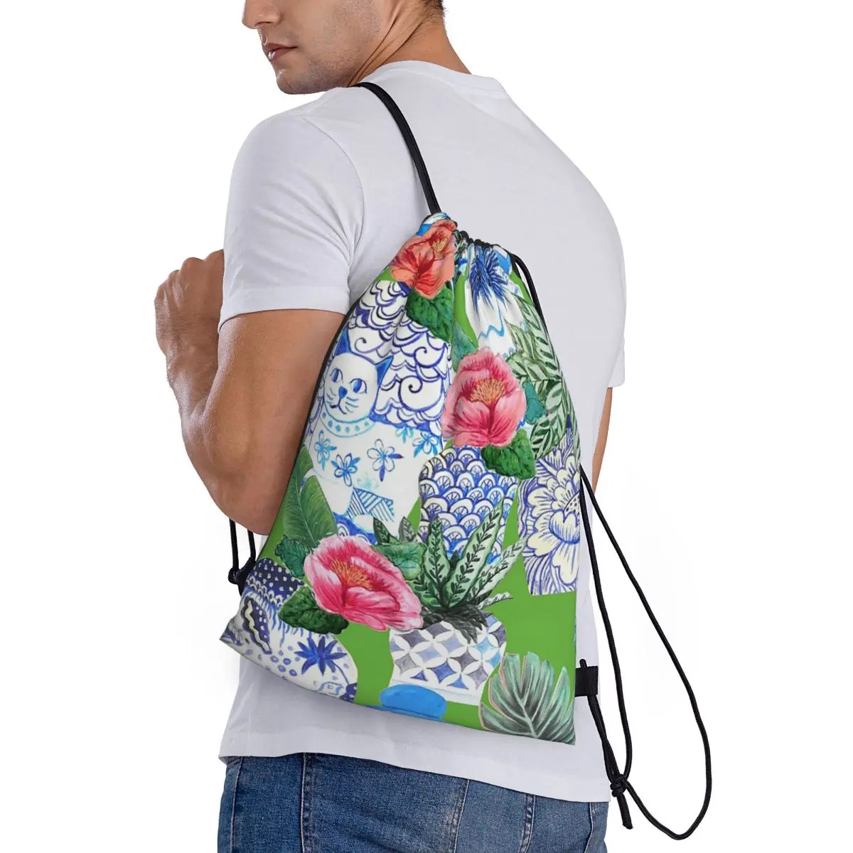 Blue And White Chinese Ginger Jars On Green Emerald Green Chinoiserie Backpacks Casual Drawstring Bags Sports Bag Book Bags