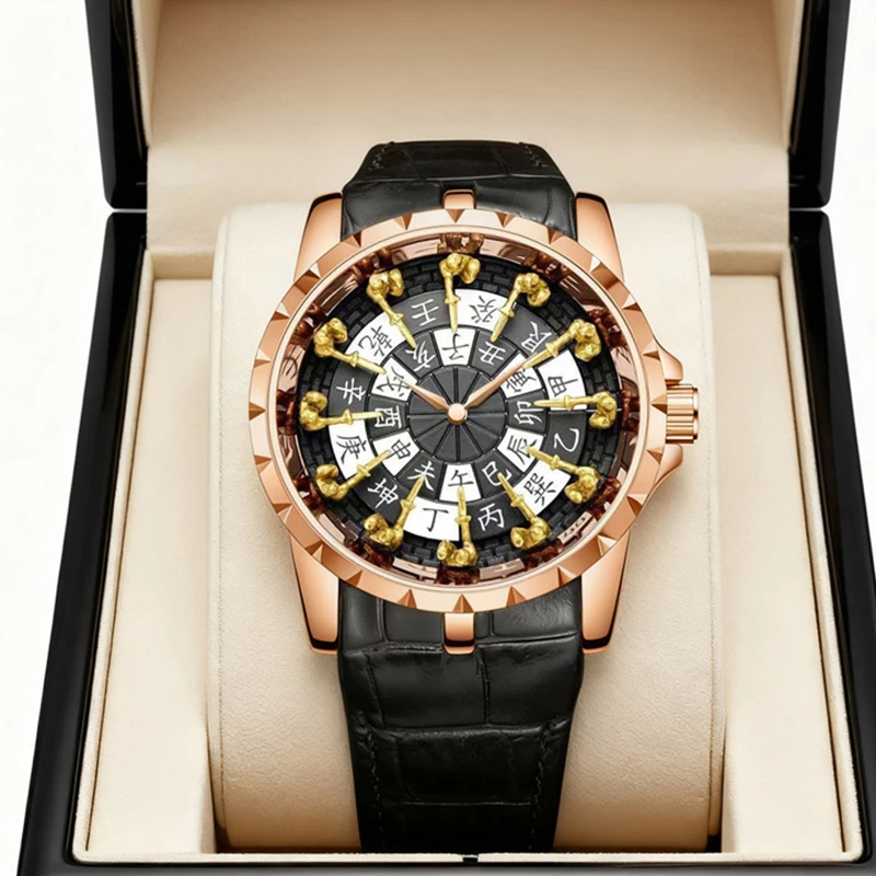 

A men's rose-black elegant, light-luxury, twelve zodiac, new Chinese-style PU leather quartz watch