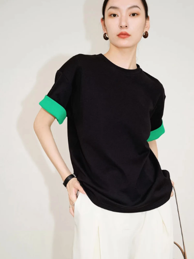 เสื้อยืดทรงสลิมฟิต คอกลม ดีไซน์ลายปะติด ผ้าฝ้ายแท้ เสื้อยืดเรียบง่าย สไตล์เกาหลี ใส่สบายในฤดูร้อน