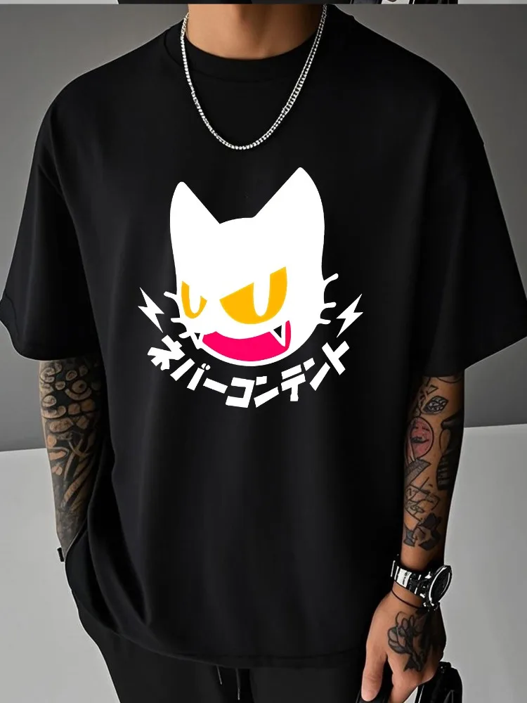 Men Summer Oversized T Shirt Japanese Letter Angry Black Cat Lightning Print Casual Hip Hop Loose Short Sleeve Streetwear Top