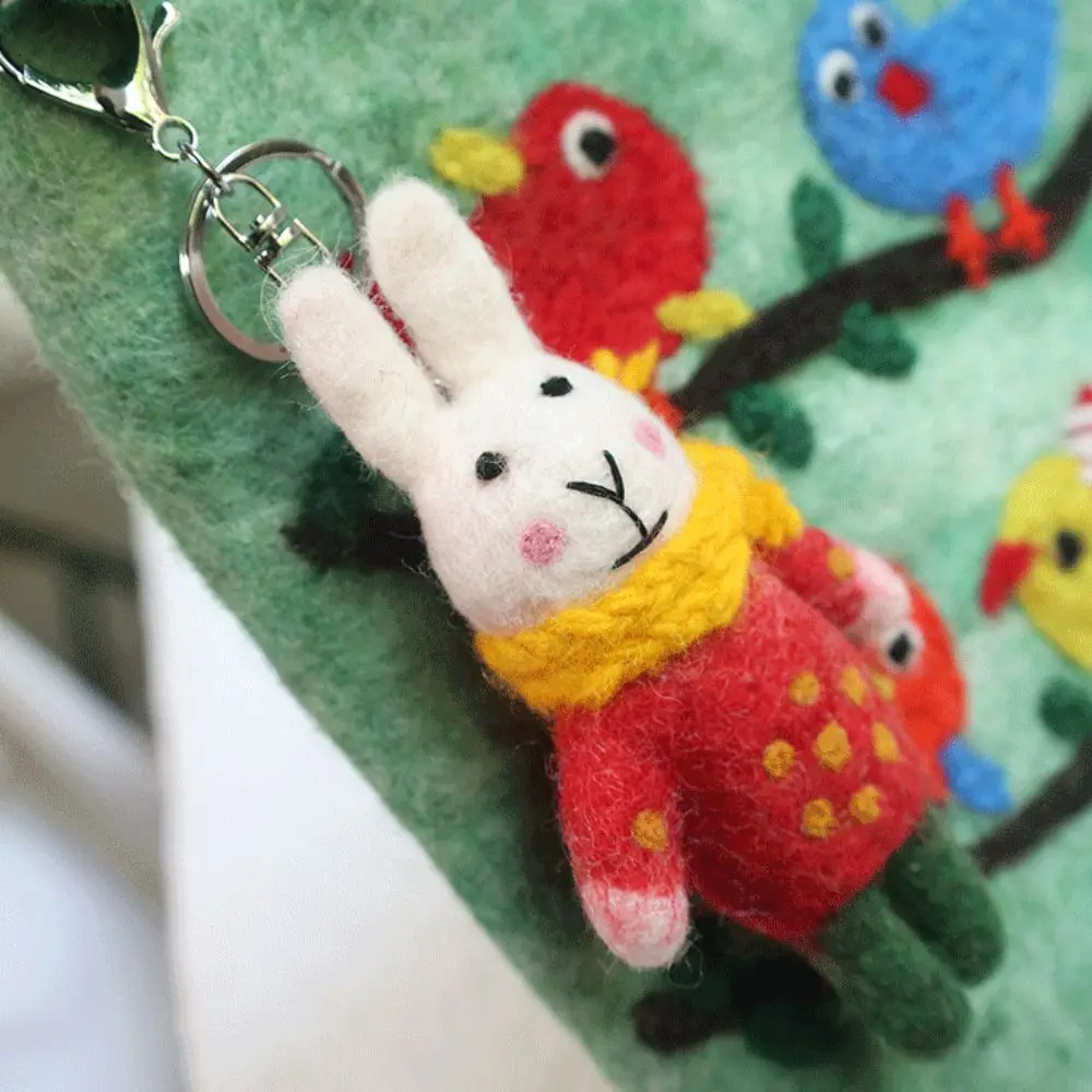 Small Fresh Cute Cartoon Doll Keychain Rabbit Wool Felt Car Keychain Plush Small Props Bag Hanging Accessories