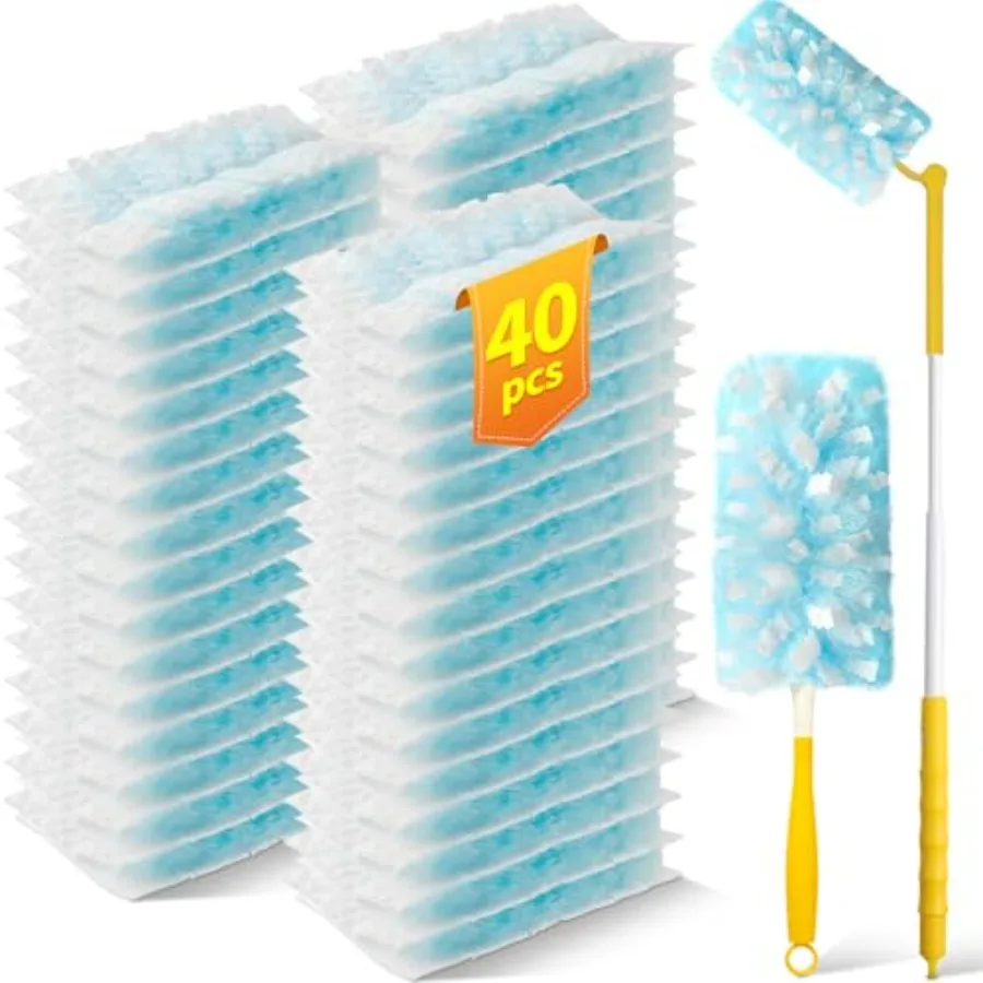 

40 Count Duster Refills with 1 Short Handle and 3 ft Extendable Handle, Compatible with Swiffer Duster, 180° Disposable Microfi