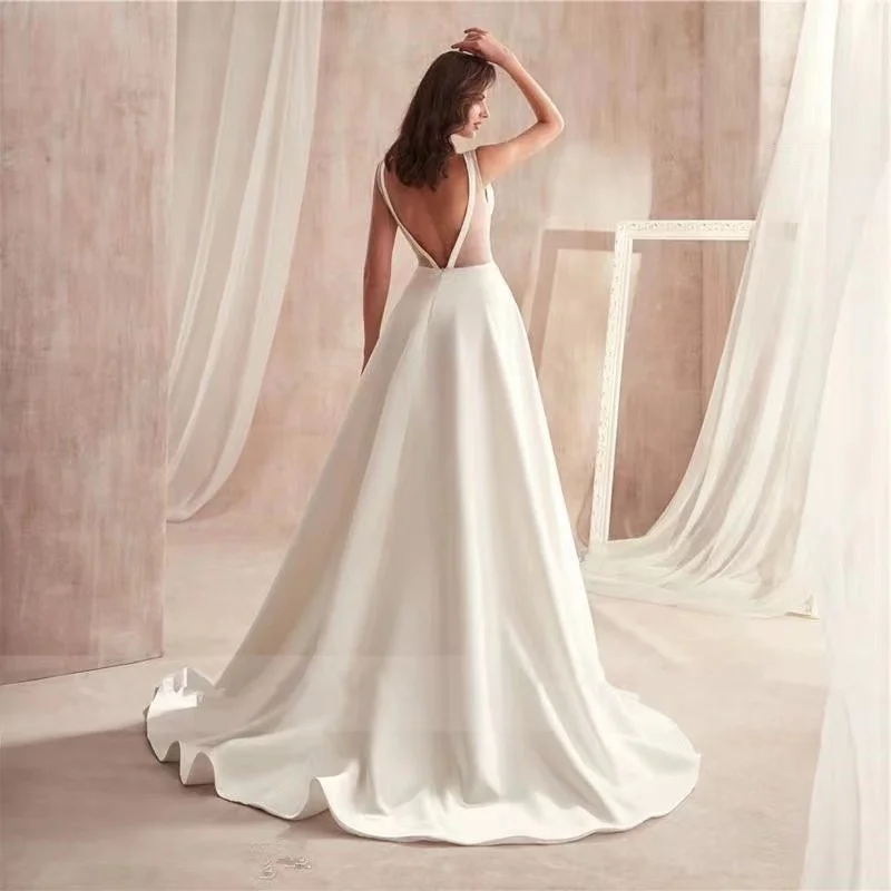 Vestidos De Novia Elegant Simple Satin Wedding Dress V-neck Sleeveless Backless Princess A-line Bridal Gown with Pockets