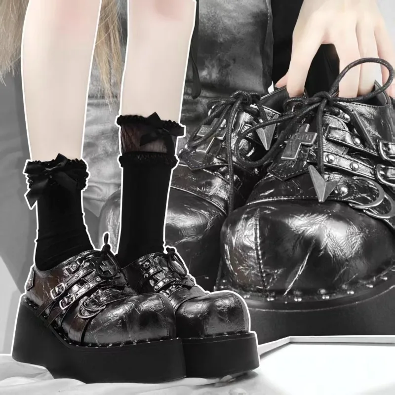 

Round Headed Retro Height Increasing 2026 New Black Lolita Small Leather Shoes Punk Style Thick Soled Women's Shoes