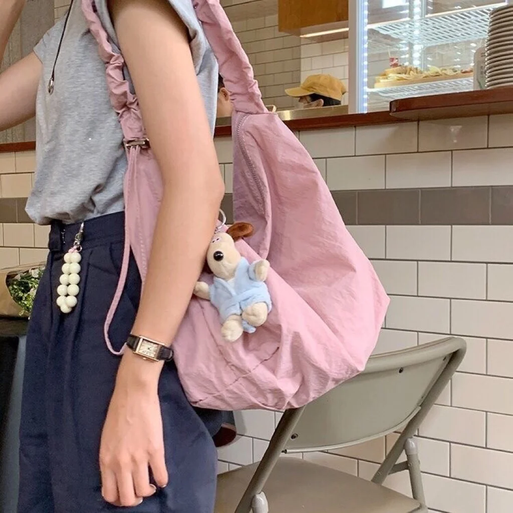 

Chic Large Capaci Tote Bag Dstring oulder Canvas Underarm Casual Versatile Dumpling Bag Nylon Material Zipper Closure