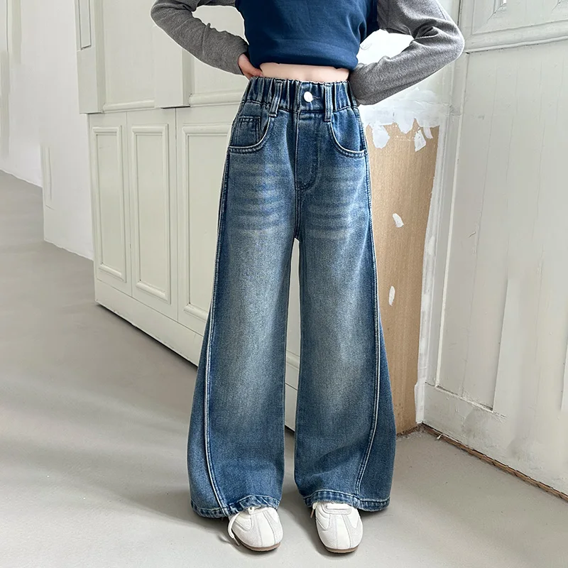 جديد الخريف توين فتاة الجينز الأزرق الداكن طوي واسعة الساق الدنيم السراويل الاطفال الطفل الربيع عالية الخصر الجينز السراويل سن 4 إلى 14 Y #5