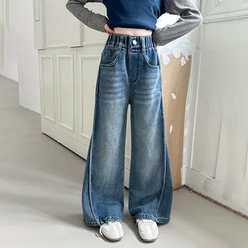 Girls Dark Blue Foldable Wide-Leg Jeans 5 New Autumn Tween Girl Dark Blue Jeans Foldable Wide Leg Denim Pants Kids Child Spring High Waist Jeans Trousers Age 4 To 14 Y 5
