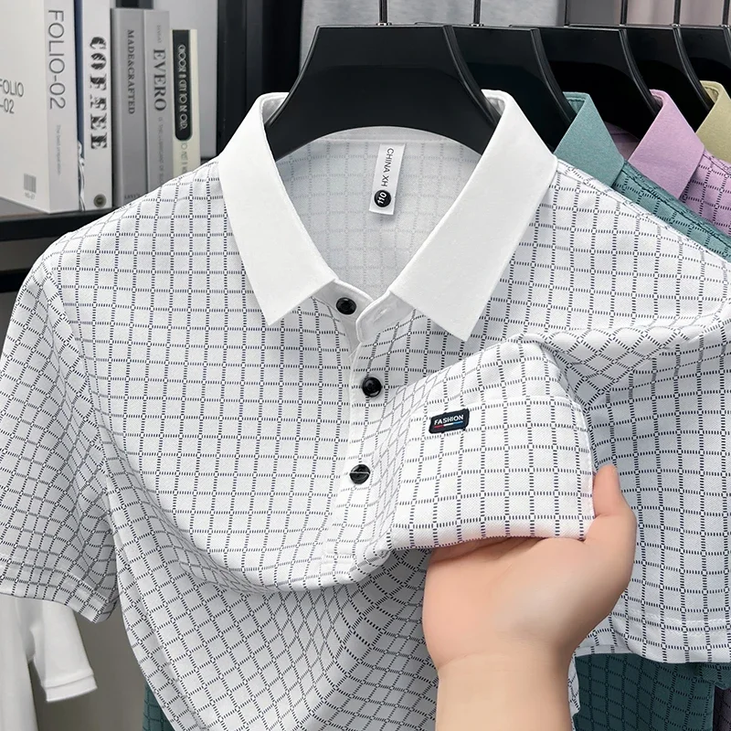 Male full square grid polo tee two tone collar chest patch pocket slim breathable travel gathering multi scene casual shirt