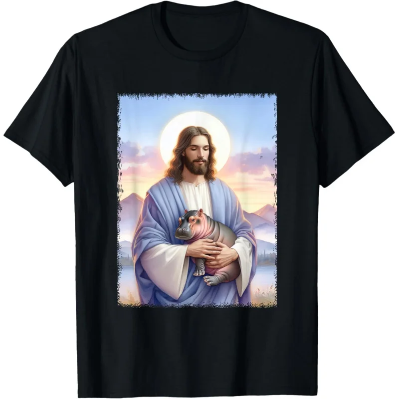 Jesus loves Moo Deng bouncy pig cute baby hippo meme t-shirt Unisex ﻿