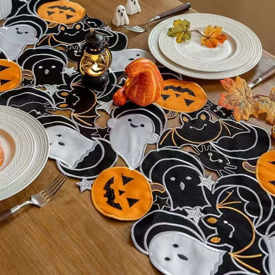 35x88cm Halloween Table Runner Pumpkin Ghost Bat Spiderweb Embroidered Tablecloth Vintage Fall Dining Party Cabinet Decor