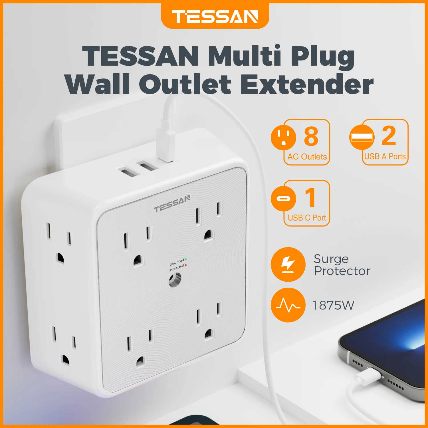 TESSAN US Wall Socket Extender with 8 AC Outlets and 3 USB Ports (1 USB C) Power Strip Adapter Overload Protection for Home