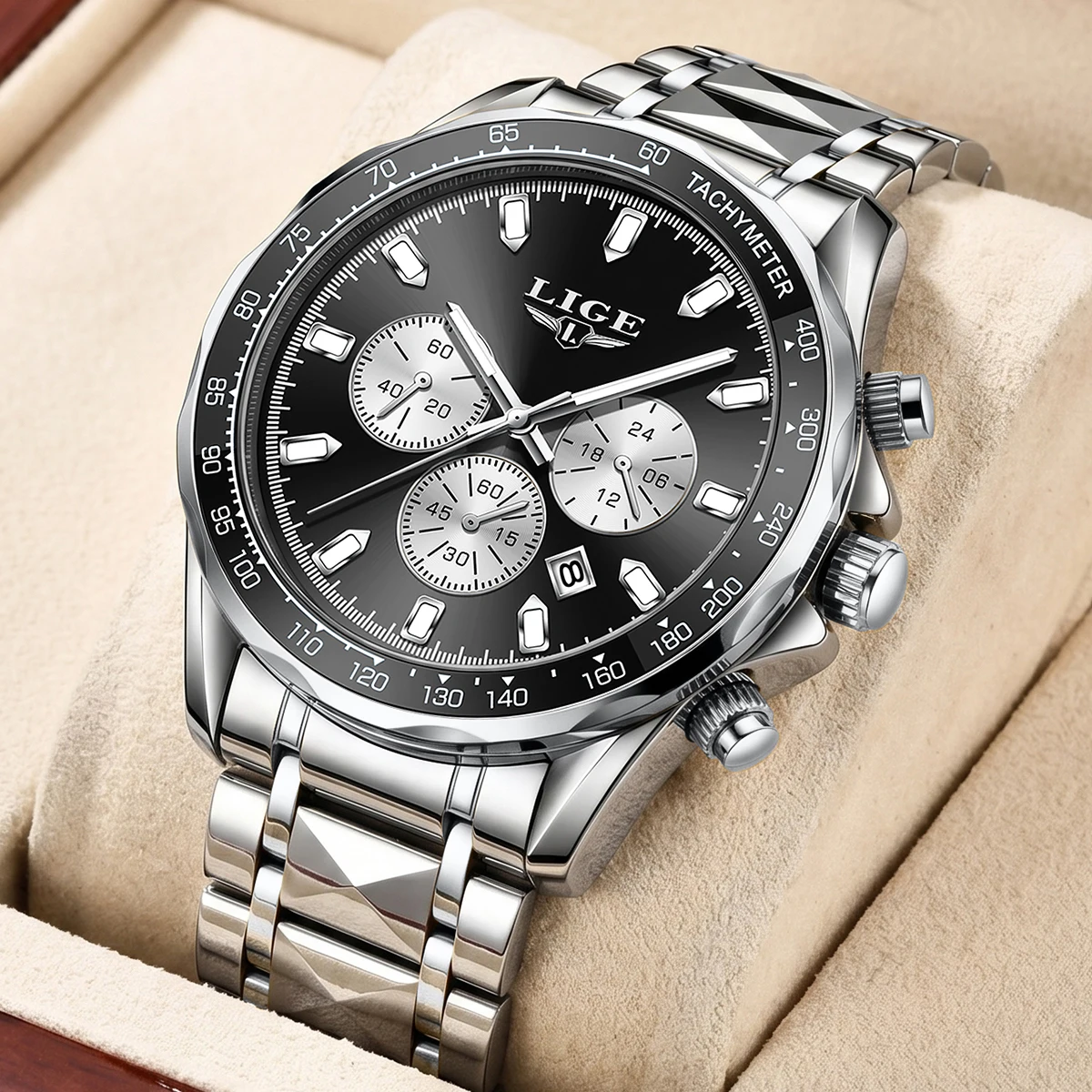 LIGE Luxury Brand Men Watch Waterproof Luminous Stainless Steel Men's Watches Chronograph Date Quartz Business Watch For Man+Box