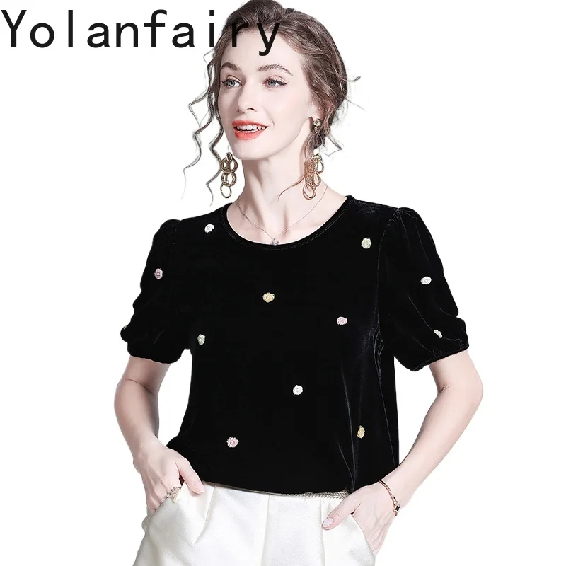 

YOLANFAIRY Real Mulberry Silk Velvet T Shirts for Woman Autumn Short Sleeve T-shirt Elegant Mulberry Silk Blouse Women Clothing