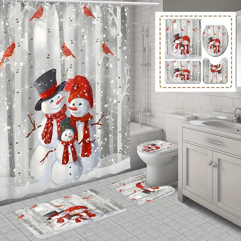

4pcs Three Snowmen Shower Curtain Set, with Hook and U-Shaped Toilet Seat Cover, Bathroom Accessories, Christmas Decoration