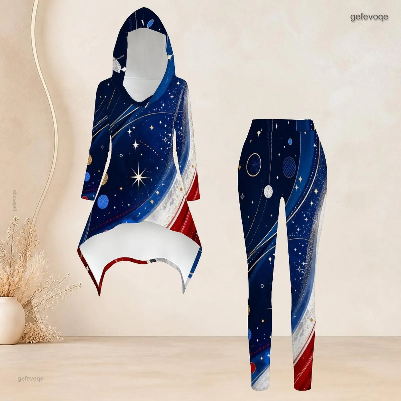 Fashion Women Casual 2 Piece Set Hooded Long Sleeve Hi Lo Asymmetrical Tunic Top Matching High Waist Slim Leggings T Daily Suit