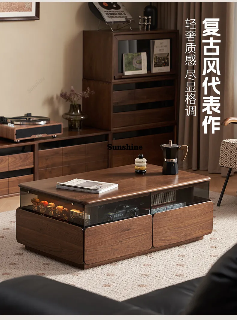 Solid wood coffee table living room retro black walnut multi-functional double pumping storage tea table tea table