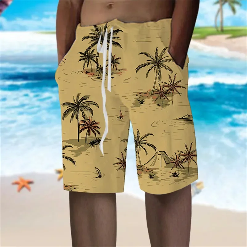 Foliage Coconut Tree Pattern Short Pants Men Color Blocked Stripes 3D Printed Beach Shorts Holiday Sport Loose Surf Swim Trunks