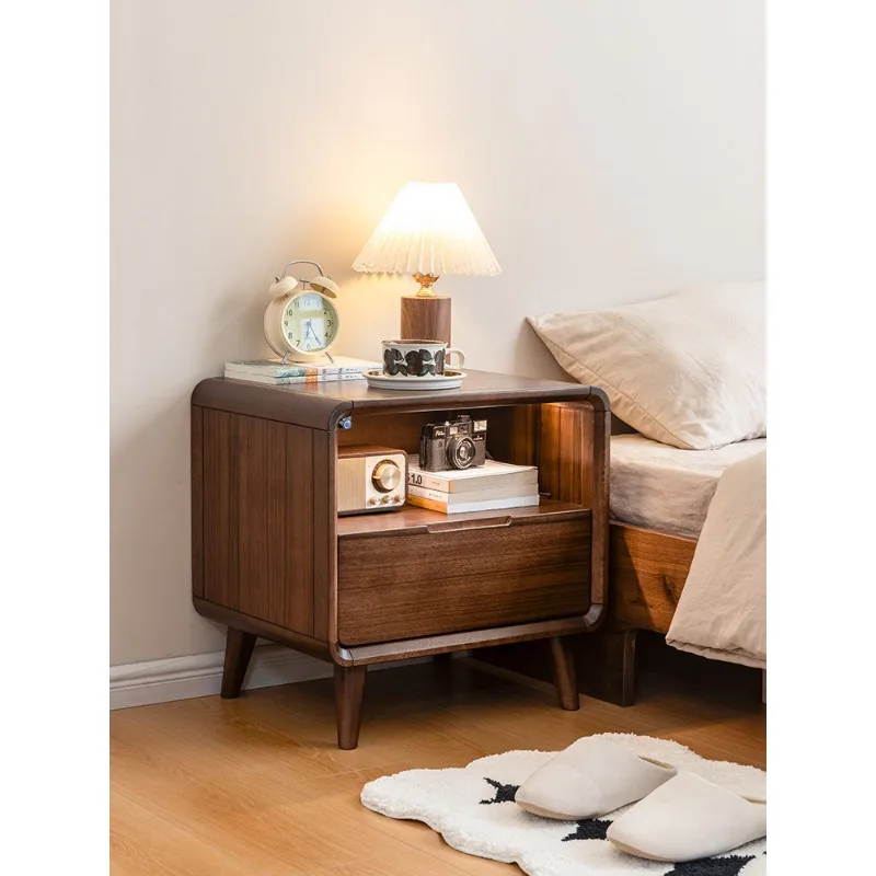 Nordic black walnut bedside table touch-sensitive night light simple light luxury bedside table all solid wood storage locker