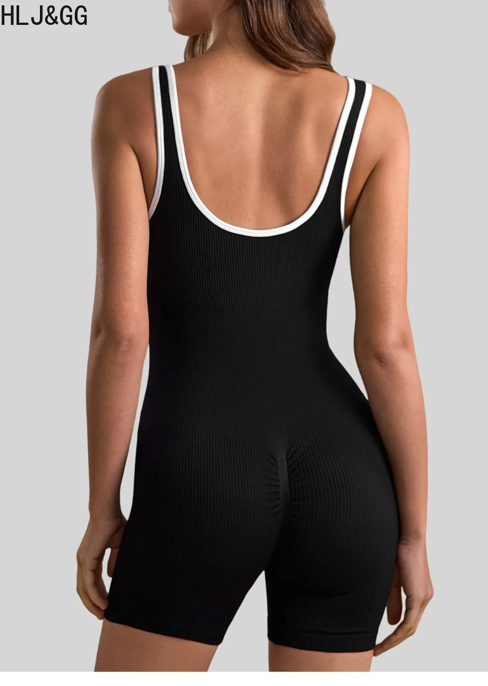 HLJ&GG Fashion Stitching Solid Bodycon One Piece Rompers Women V Neck Spaghetti Strap Slim Sporty Jumsuit Female Jogger Overalls