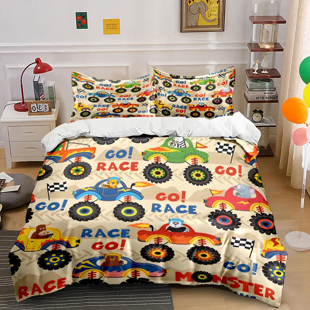 Bettwäsche-Set mit Aufdruck „Cartoon-Tiere fahren Monstertrucks im Rennsport“, 1 Bettbezug, 2 Kissenbezüge für Erwachsene und Kinder, luxuriöses Geschenk
