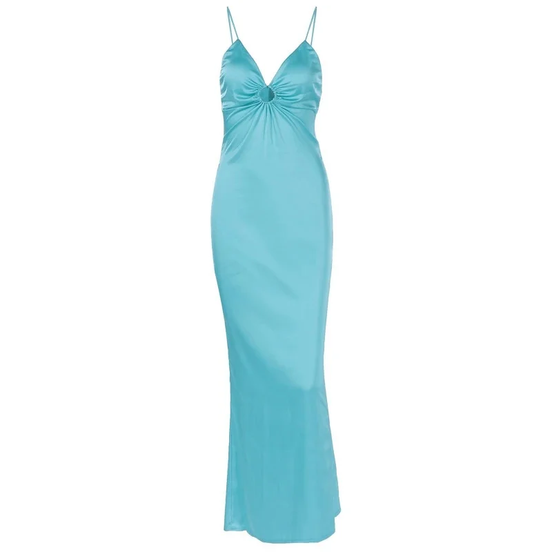 Sommer Sexy Slim Fit Leibchen Kleid Mode Einfarbig Hohe Taille Overall Langen Rock Dame Hohl Satin Party Bankett Kleid