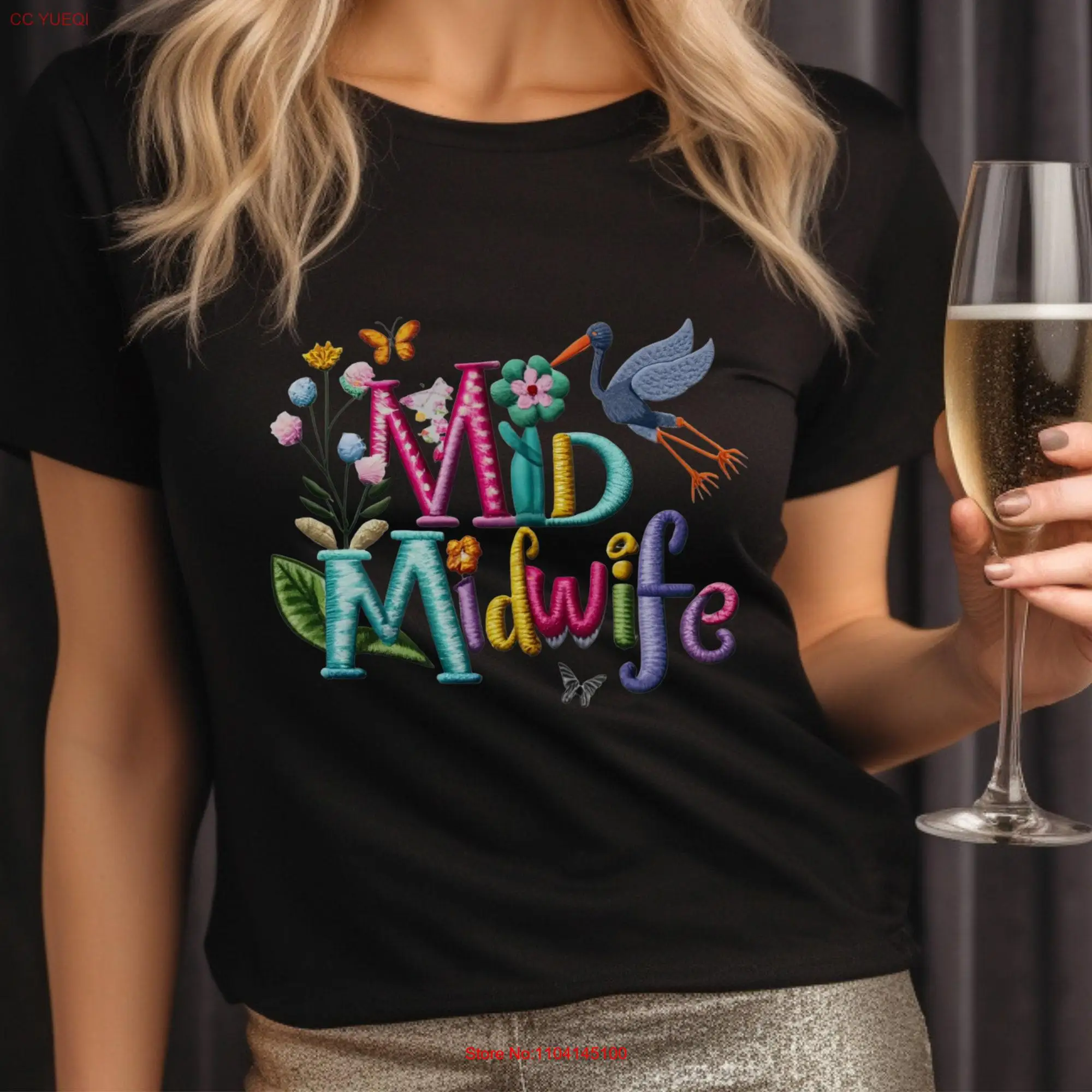 Midwife Floral T Shirt Letters and Stork Design Perfect for a Special long or short sleeves