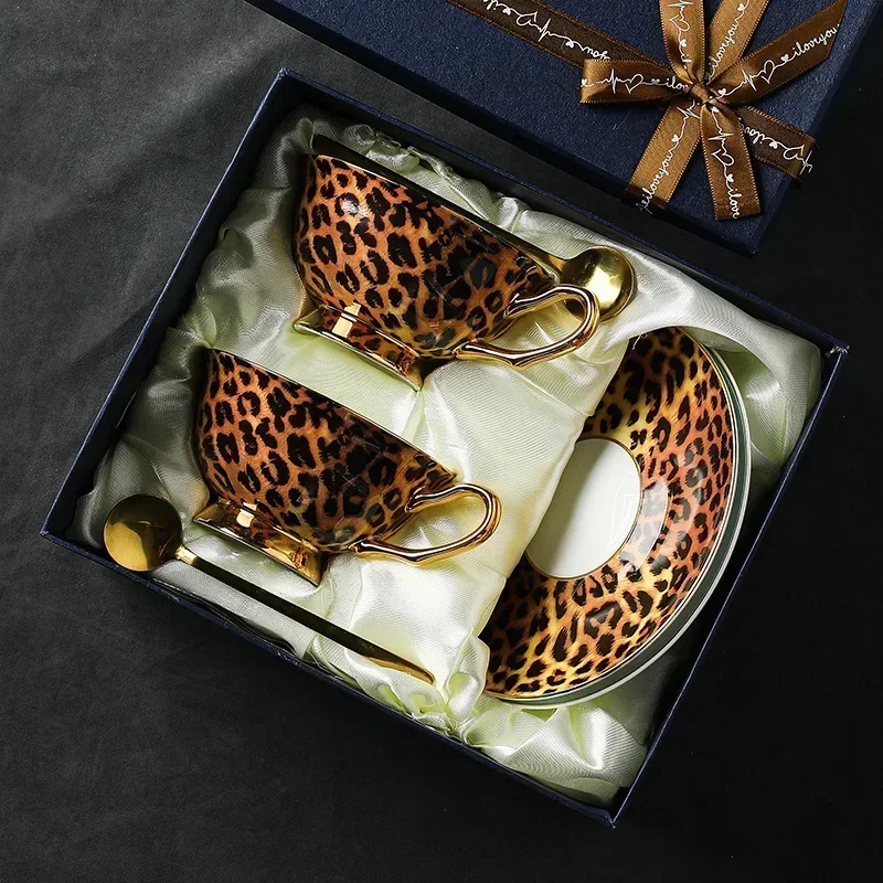 Vintage Leopard Bone China Tea Cup Set Ceramic Mug Saucer Afternoon Tea Ware Porcelain Tableware