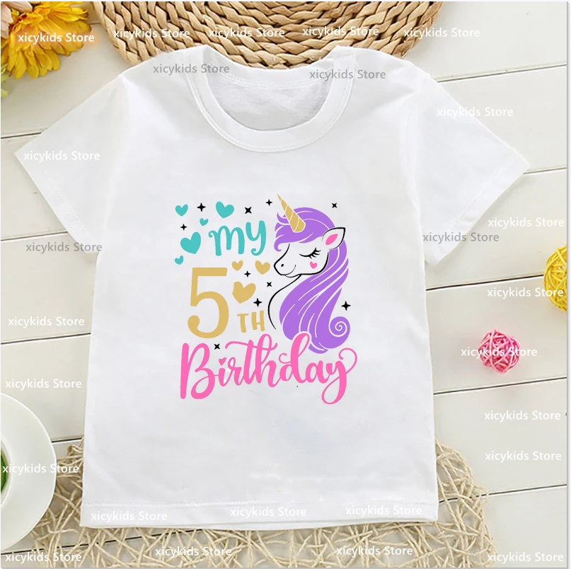 Newly Girls T-Shirt My Birthday Number 1-10 Years Old Unicorn Print Children Tshirt Give Kids Birthday Clothing Tees Custom Name