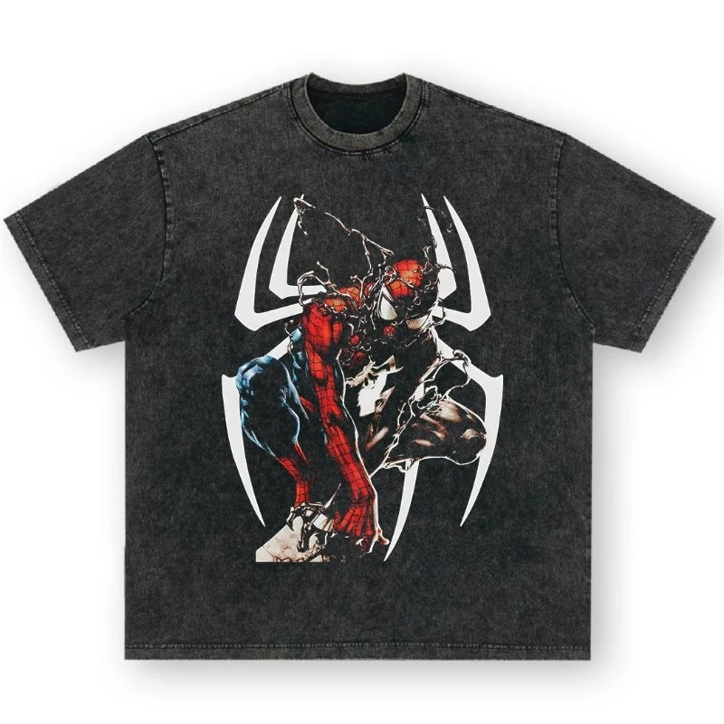 

Summer Spiderman American Marvel Retro Printed Loose Trendy Brand Washed Pure Cotton Heavyweight Short Sleeved Men's T-shirt