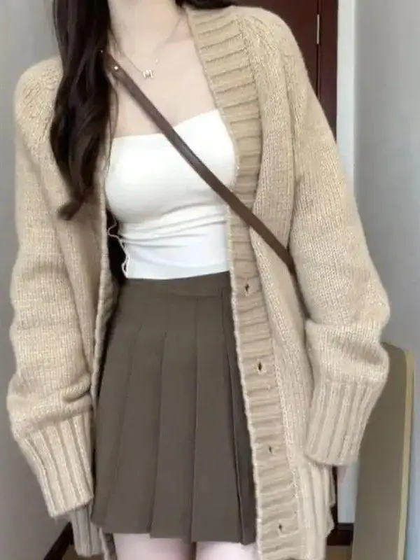 

Retro Lazy Style V-Neck Knitted Sweater Coat Women's Loose Casual All-Match Outerwear Pure Color Trendy Knitted Jacket