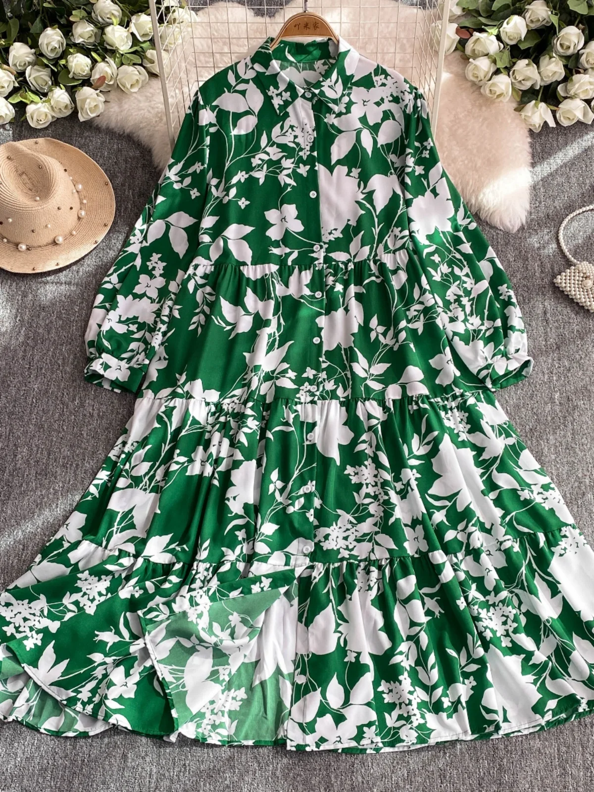 Ele الأزهار طباعة ميدي الدكتور التخسيس طويل Sve الكورية Sle المرأة الدكتور ألف خط تنورة Ele Aosphere صيف جديد Ar... #4