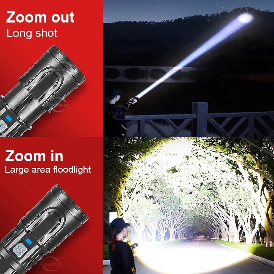 2024 Super Bright Tactical Flashlight Rechargeable High Power LED Flashlight Super Bright Long Shot Zoom Torch Fishing Lantern