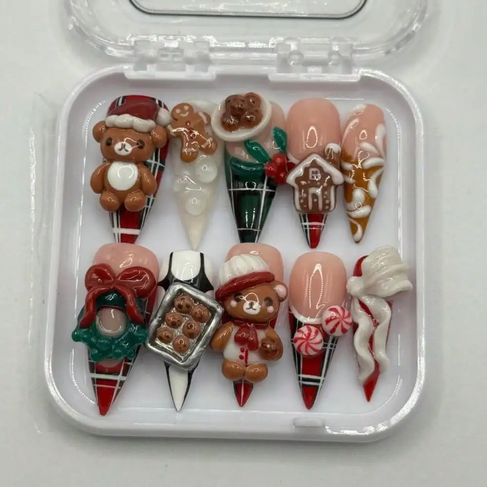 Hard And Durable Nails,3D Christmas Nail Art Set, Bear Gingerbread Festive Press-Ons,Halloween Nails, Christmas Nails, Thanksgiving,Fall,Handmade Nails, Available In 899 Regions