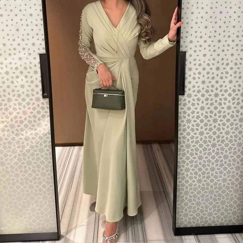 

Straight V-Neck Satin Full Sleeves Elegant and Temperament Evening Dresses Beading Crystal Pleats Zipper Back Saudi Arabia 2024