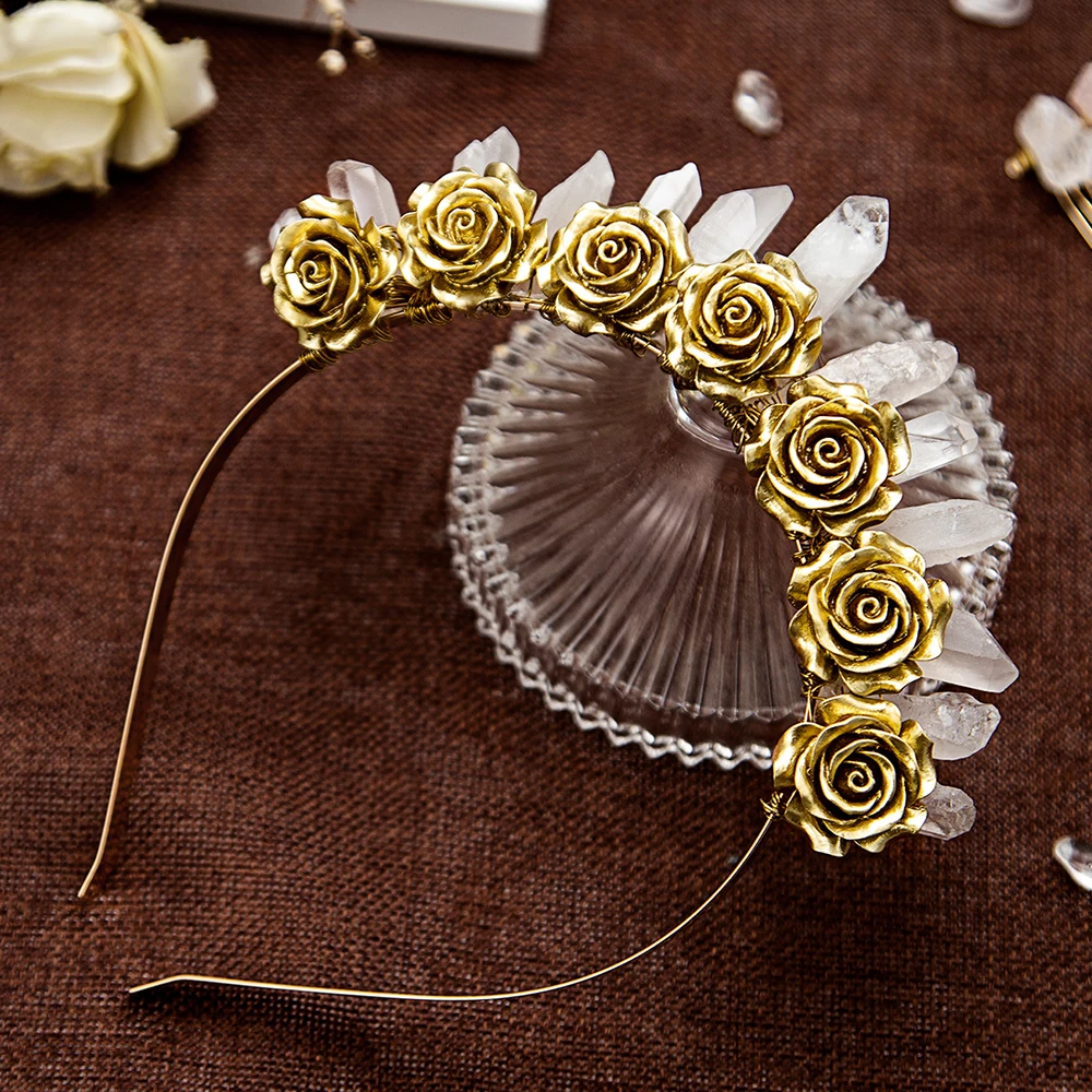 Natural White Crystal Tiara Golden Color Flowers Crown for Women Headwear Wizard Hair Accessories Fashion Jewelry Party Headband