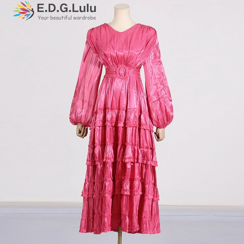 EDGLuLu Fall Clothes 2024 Women O Neck Lantern Sleeves Long Dress Elegant Loose Design Mushroom Edges Fold Pink Dress+Belt 1109