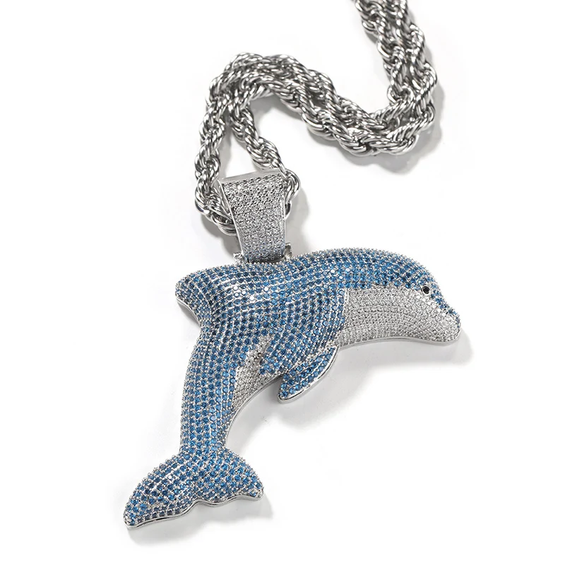 

Hip Hop 5A+ CZ Stone Paved Bling Iced Out Big Heavy Solid Dolphin Pendant Necklace for Men Rapper Jewelry Blue Silver Color