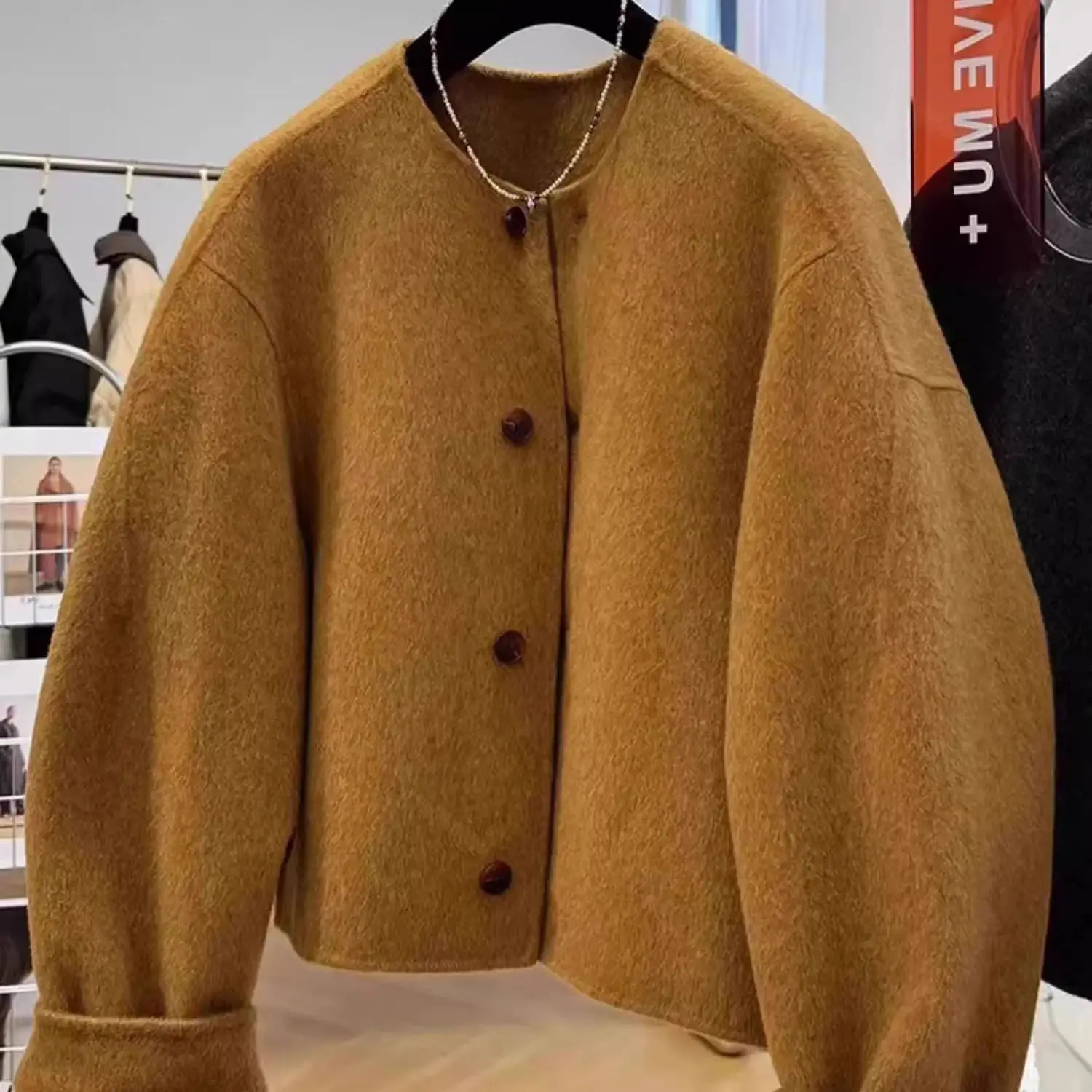 

Short Double-sided Woolen Coat Women Autumn Winter Round Collar Loose Jackets Long Sleeves Warm Female Outerwear Trendy