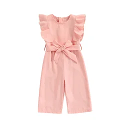 2022-02-12 Lioraitiin 1-6Years Toddler Baby Girl Summer Romper Off Shoulder Solid Pink O-Neck Jumpsuit Casual Clothing