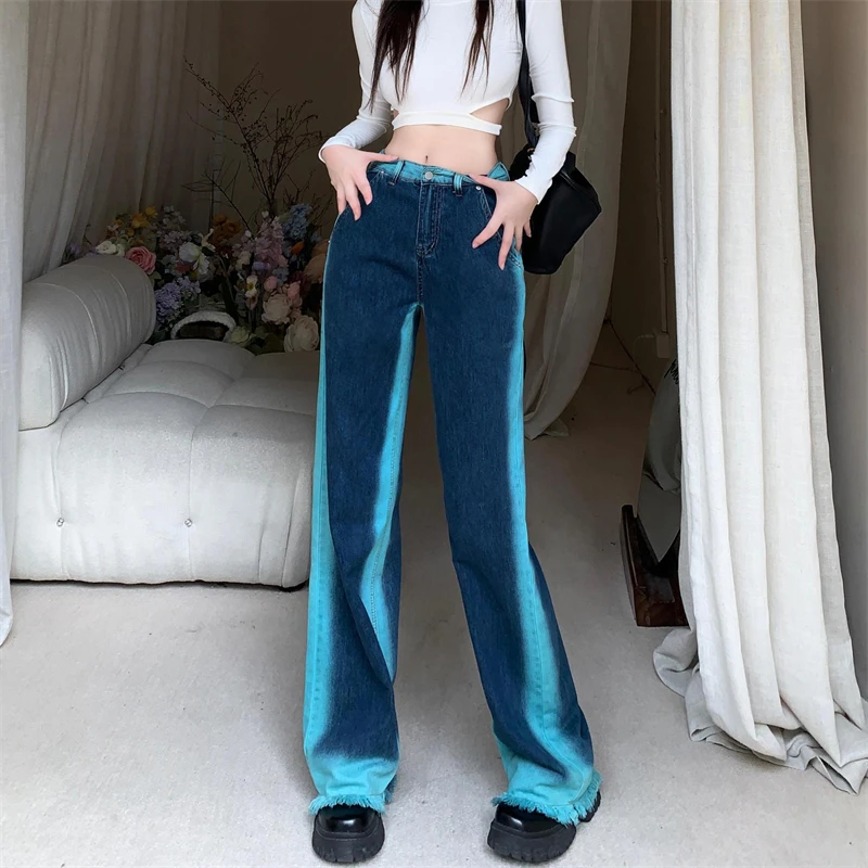 

Spring Autumn Personalized Simple Pants Street Contrast Blue Wide Leg Ragged Edge Jeans High Waist Slim Fashion Versatile Women