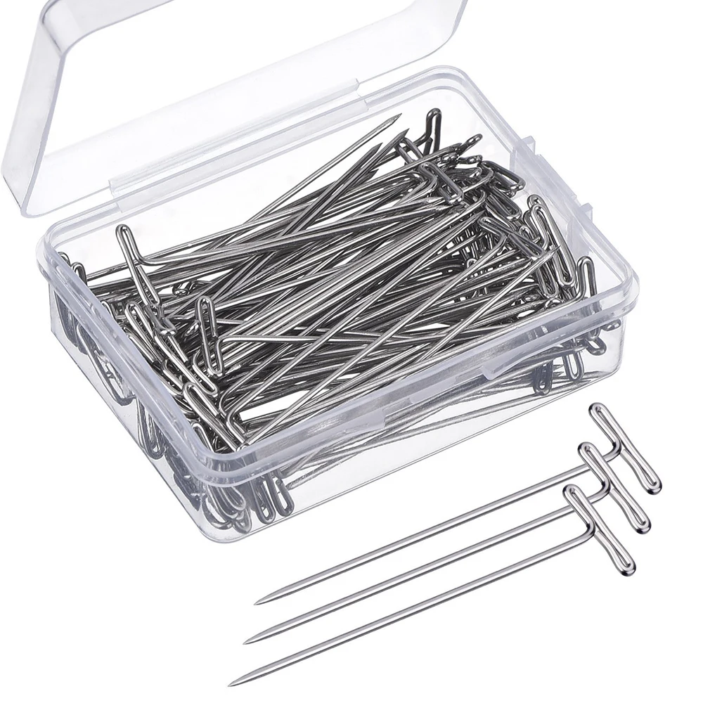 100Pcs 51mm Silver T-PINS for Wigs On Foam Head Stainless Steel Tpins Needle Sewing Hair Styling Tools