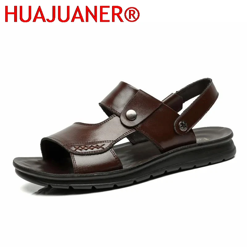 Men's Genuine Leather  Sandals Solid Color Men Summer Shoes Casual Comfortable Open Toe Sandals Soft Beach Shoes Plus Size 45