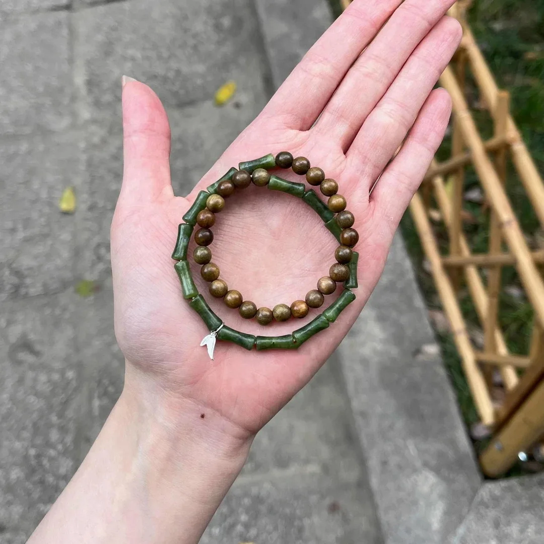 Natural Green Sandalwood Double Circle Bracelet for Women, Vintage Chinese Style, Cool Zen Olive Jade Bamboo Joint Bracelet