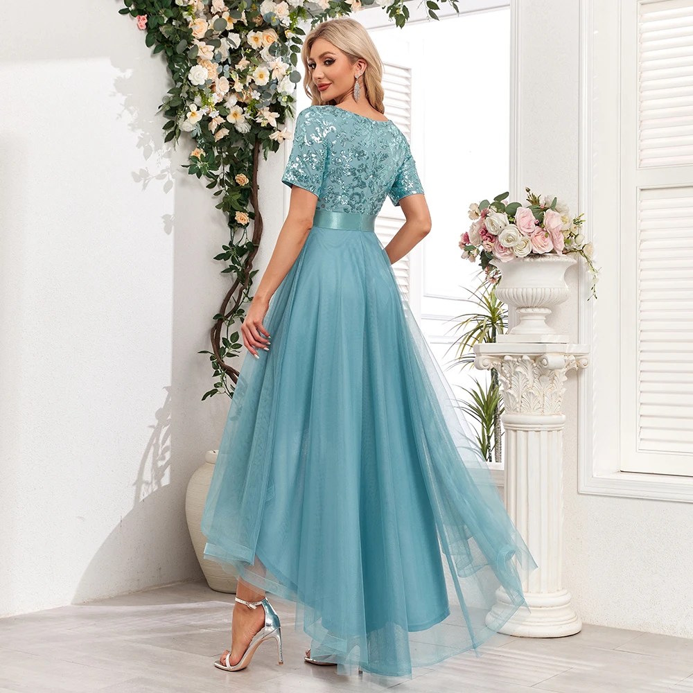 New Women V-Neck Irregular Hem Blue Formal Evening Dress A-line Sequin Tulle Birthday Party Dress