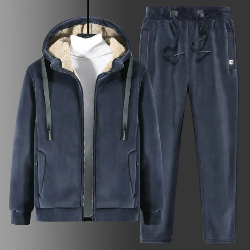 

8XL Plus Size Men Winter Tracksuit Sets Hoodies Casual Hooded Warm Thicker Fleece Jacket+Pants 2 Pieces Plus Velvet Sets