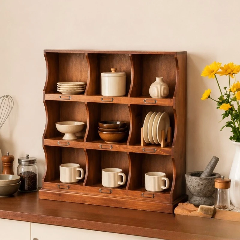 Vintage Solid Wood Desktop Storage Rack, 9-grid Coffee Cup Holder, Kitchen Tableware Shelf, Multi-grid Display Rack For Desk