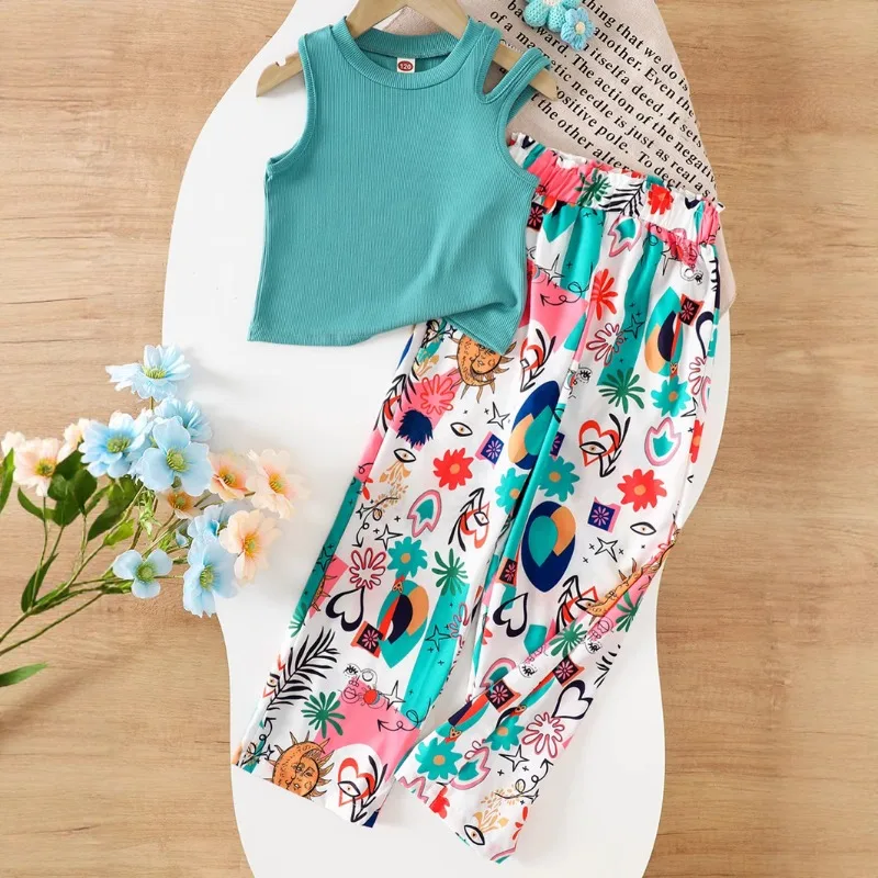 Girls trousers suit summer new Europe  United States dig hole strapless vest fashion printing trousers girls two-piece suit