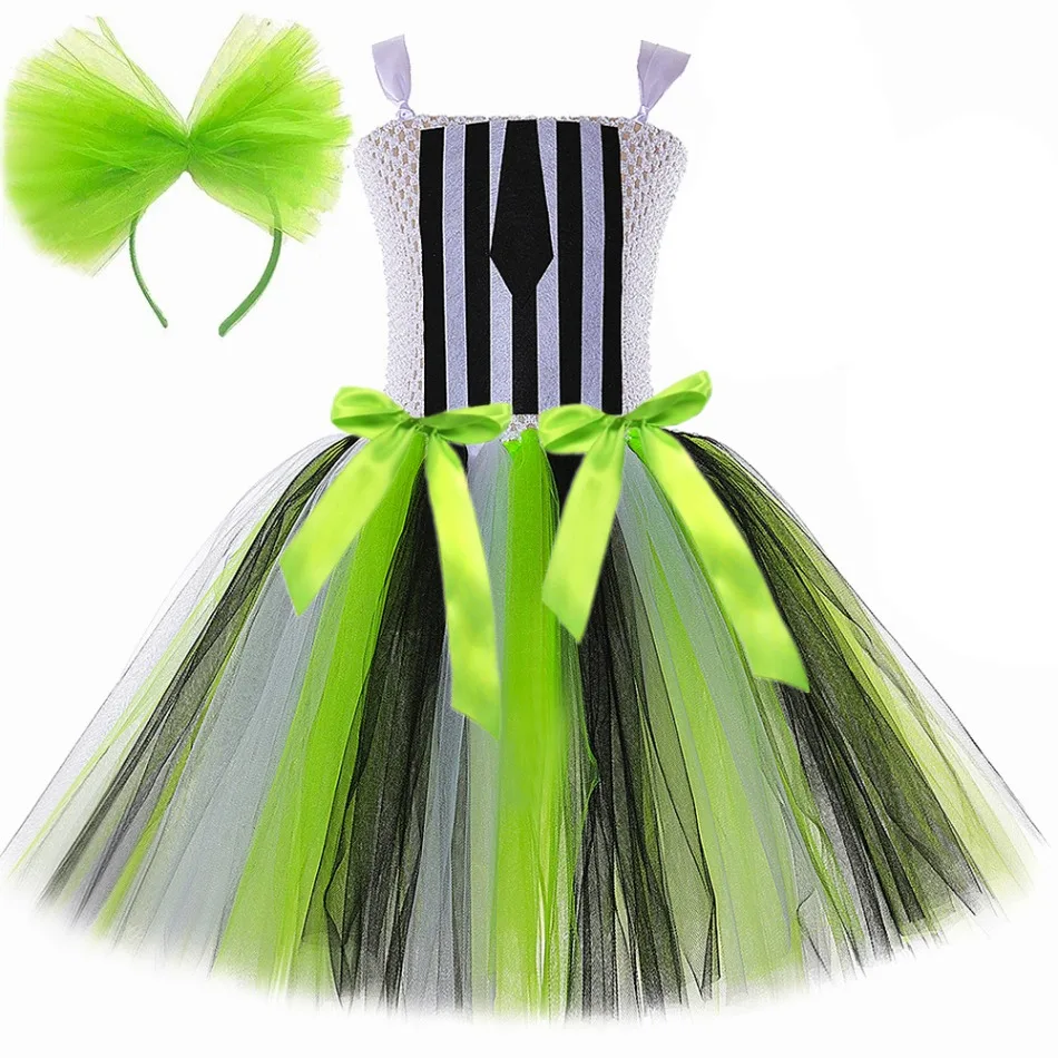 Halloween Costumes Kids Girl Black White Striped Tulle Tutu Dress and Headband 2PCS Toddler Halloween Outfit Beetle Cosplay