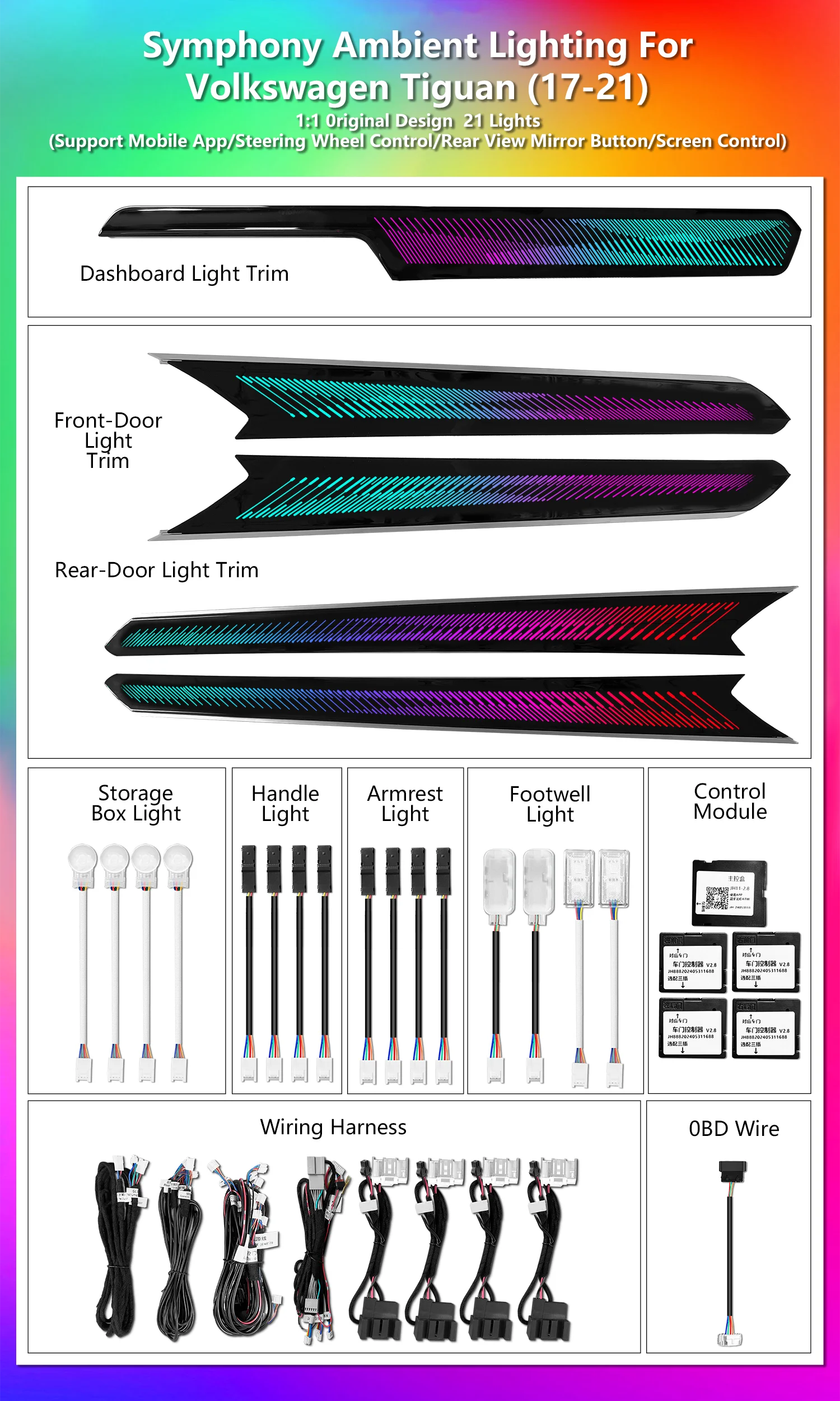 ICarsin For Volkswagen VW Tiguan Europe Version2017-2021 Ambient Light Short-Wheelbase RHD Car Interior LED Lighting Upgrade Kit