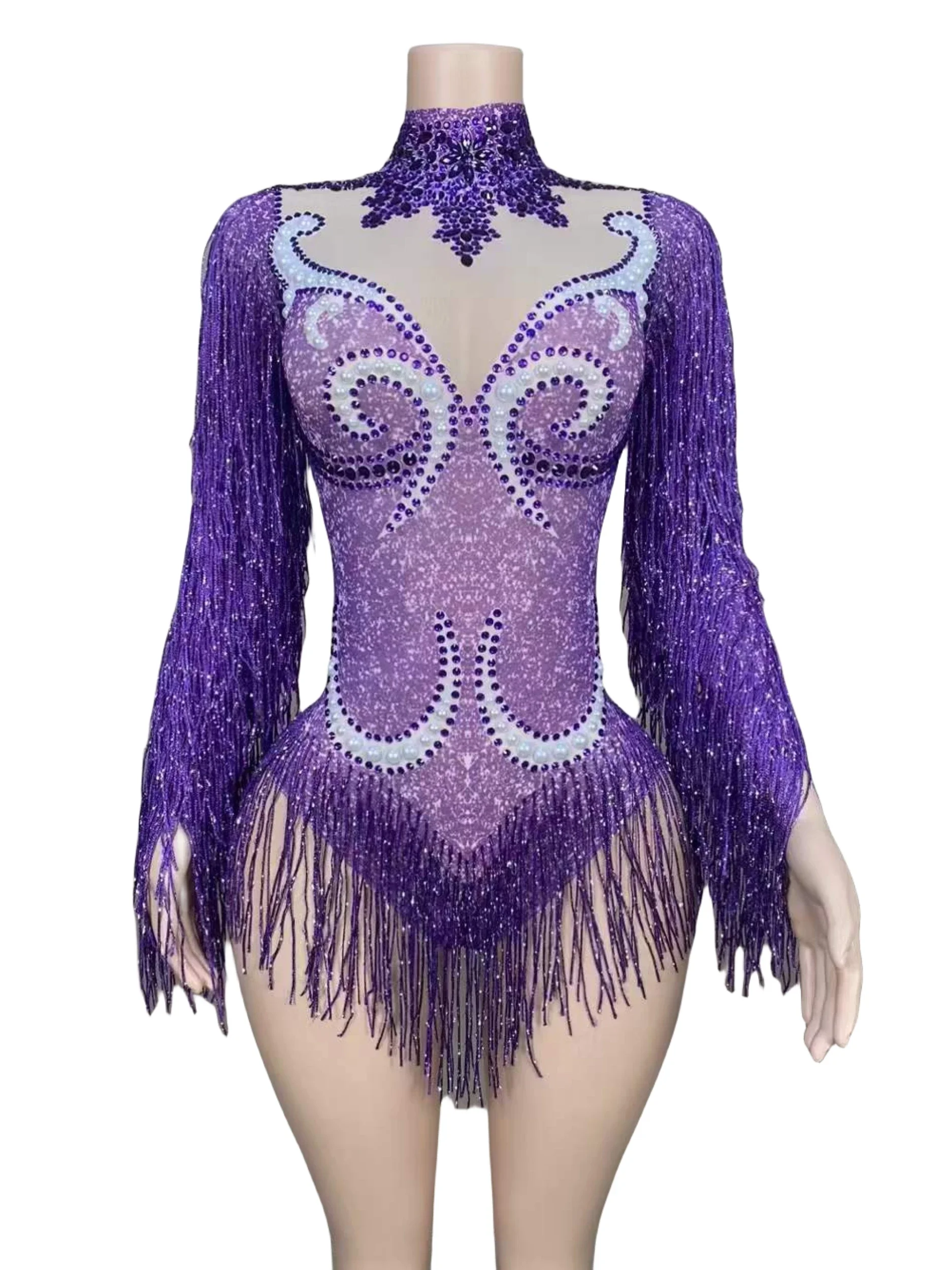 Rhinestone Sexy Fringe Bodysuits For Women Vegas Showgirl Jazz Crystal Leotard Party One Piece Performance Drag Queen Costume